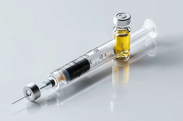 Medical syringe with yellow liquid and vial